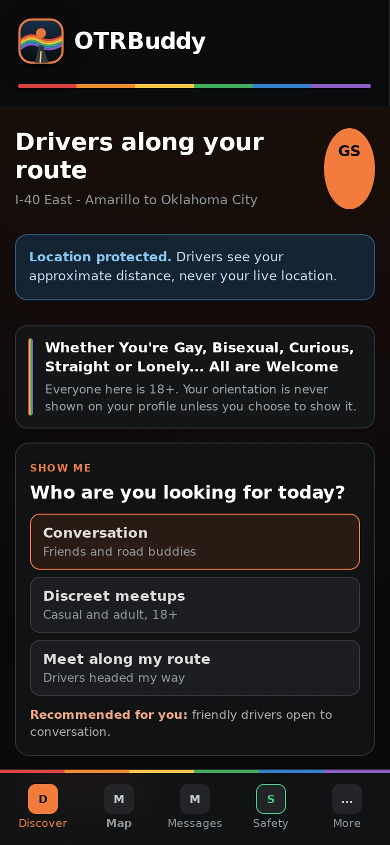 OTRBuddy route discovery screen showing privacy-protected driver discovery