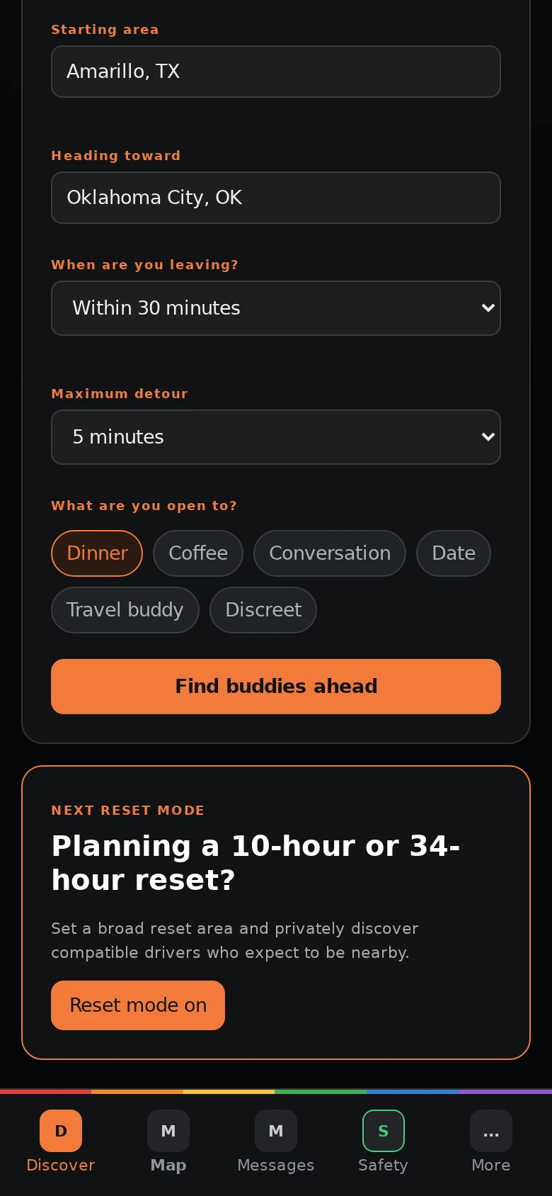 OTRBuddy next reset planning screen for finding compatible drivers nearby