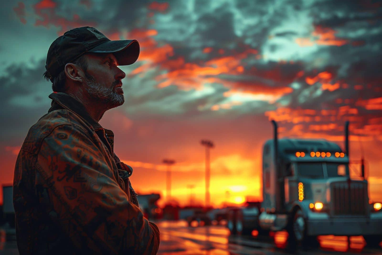 A truck driver at a stop with a semi-truck beneath a vivid sunset